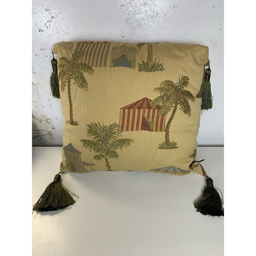 Vintage Borgata Tapestry Accent Pillow W/ Tassels Palm Tree & Tent Moroccan